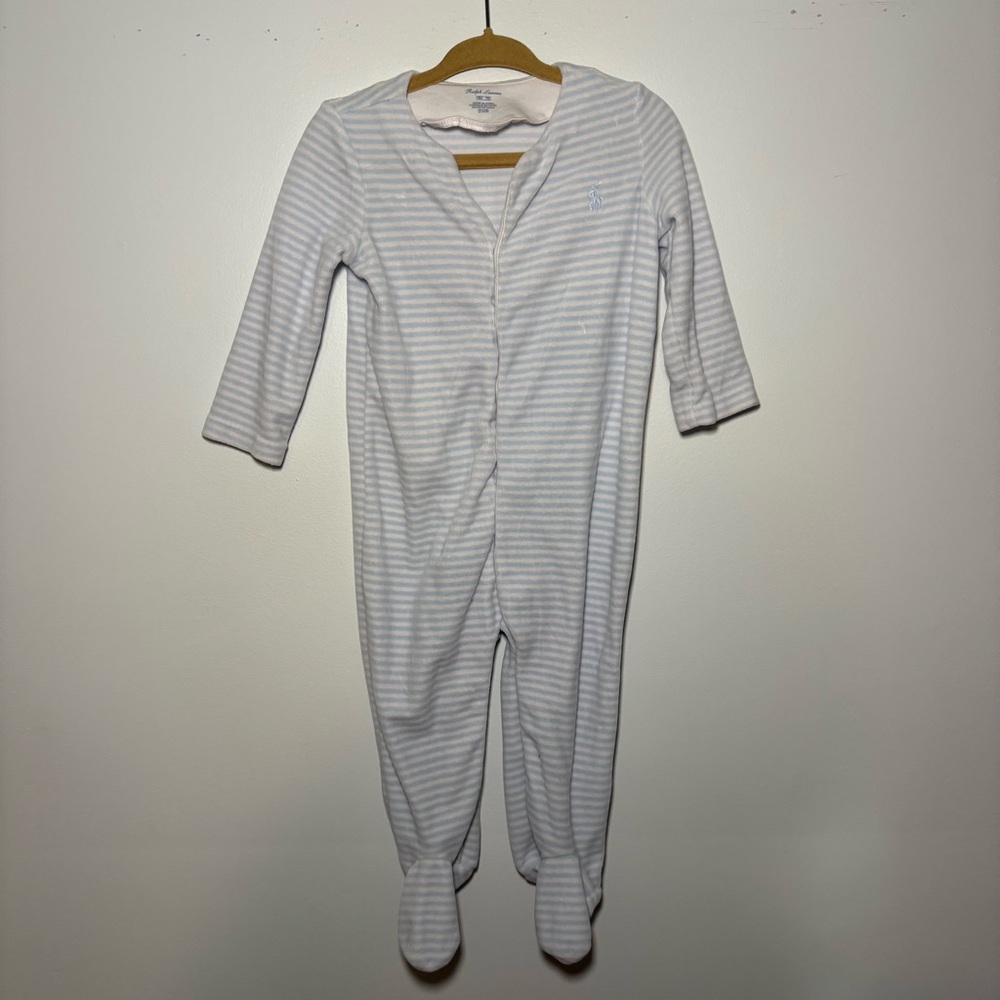 Ralph Lauren Baby One Piece Blue White Striped Velvet Velour 9M Footed Coverall